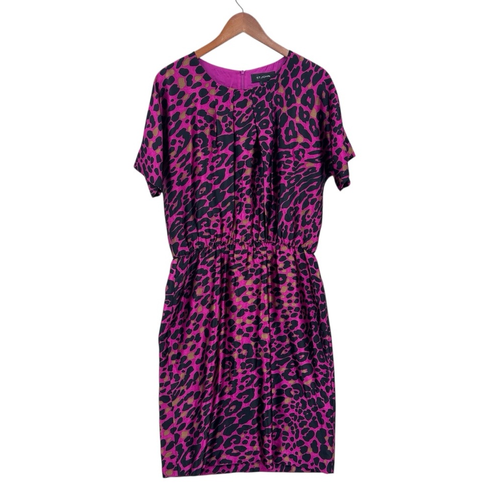 ST JOHN Silk Dress Multi Print Short Sleeve Pink